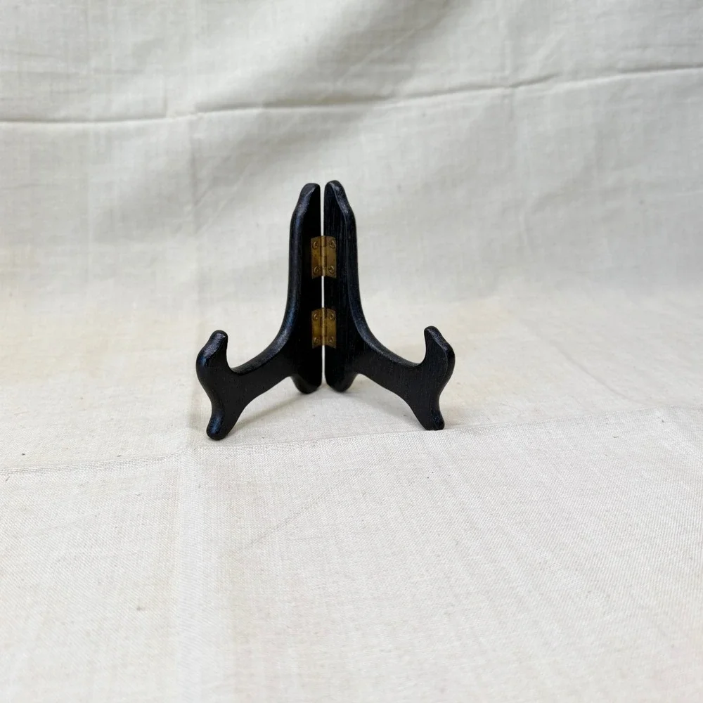 Vintage Folding Wood Display Easels Set of 2 Black Plate Stands Frame Holders